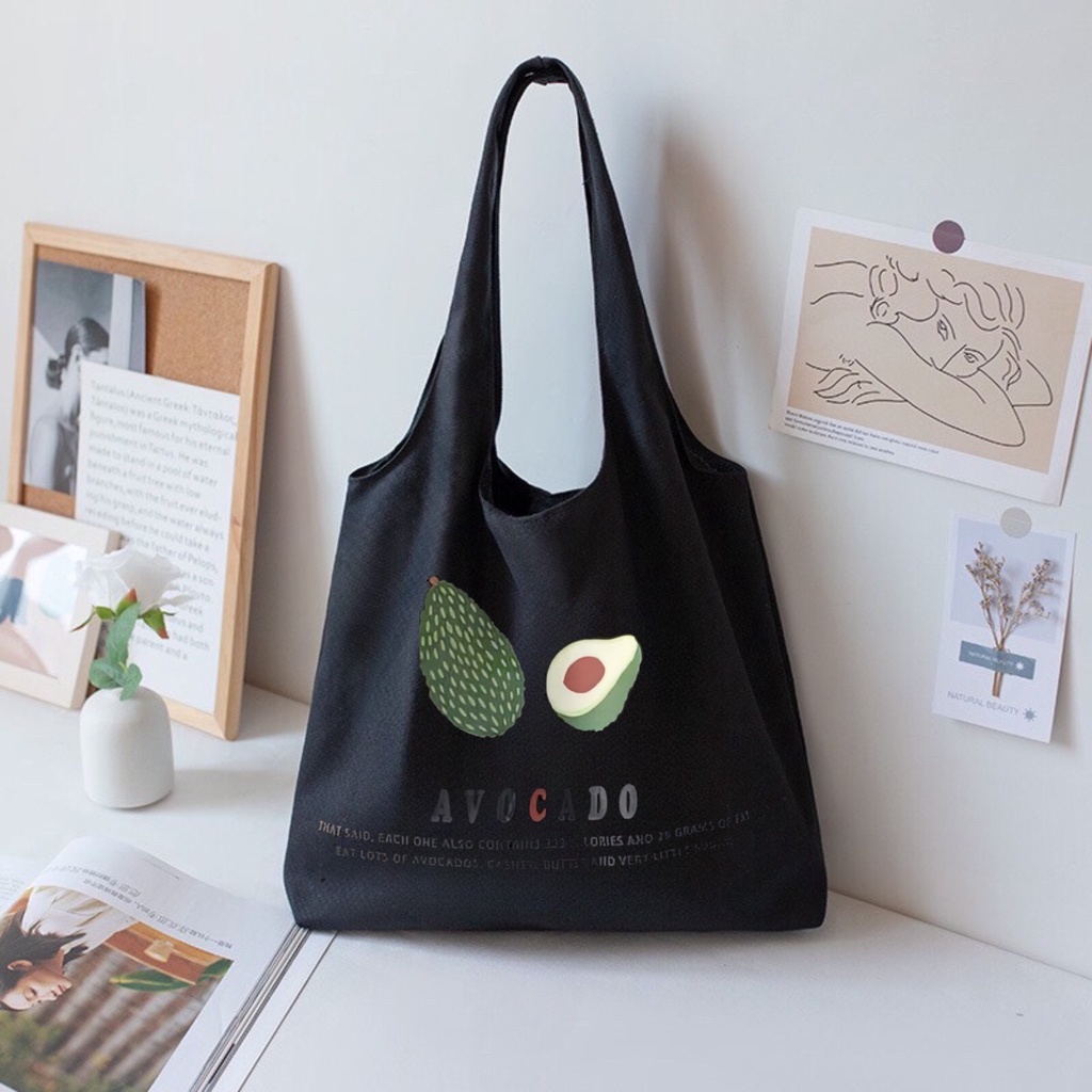 Túi tote Hazin túi vải canvas nữ hoạ tiết quả bơ đựng vừa laptop cỡ lớn đeo vai phong cách ulzzang