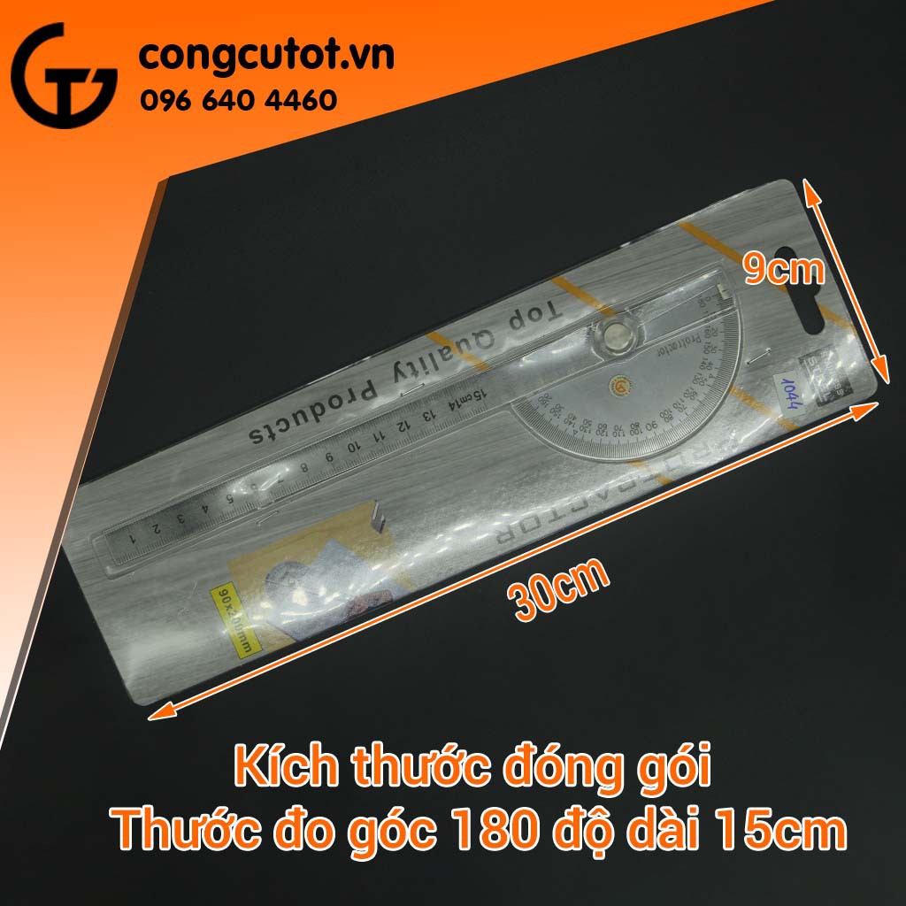 Thước đo góc 180 độ dài 15cm bằng thép Stainless cao cấp, không gỉ