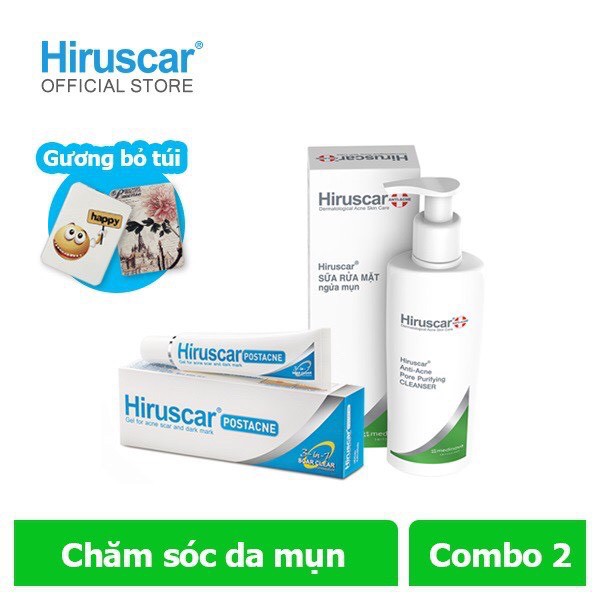Combo Gel chăm sóc sẹo mụn và mụn thâm Hiruscar Post Acne 5g + sữa rửa mặt ngừa mụn 100ml Hiruscar - Tặng gương cầm tay