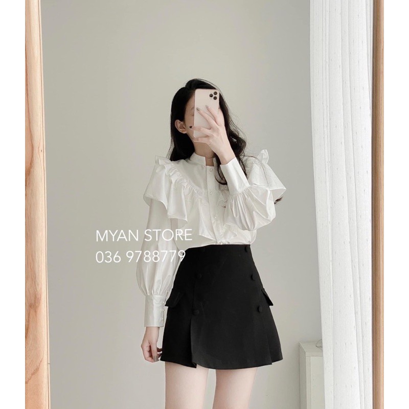 Bộ công sở áo sơ mi bèo tầng chân váy chữ A