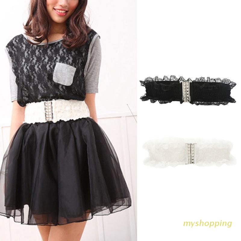 Thắt lưng bản rộng co giãn phối ren màu trắng đen thời trang cho nữ