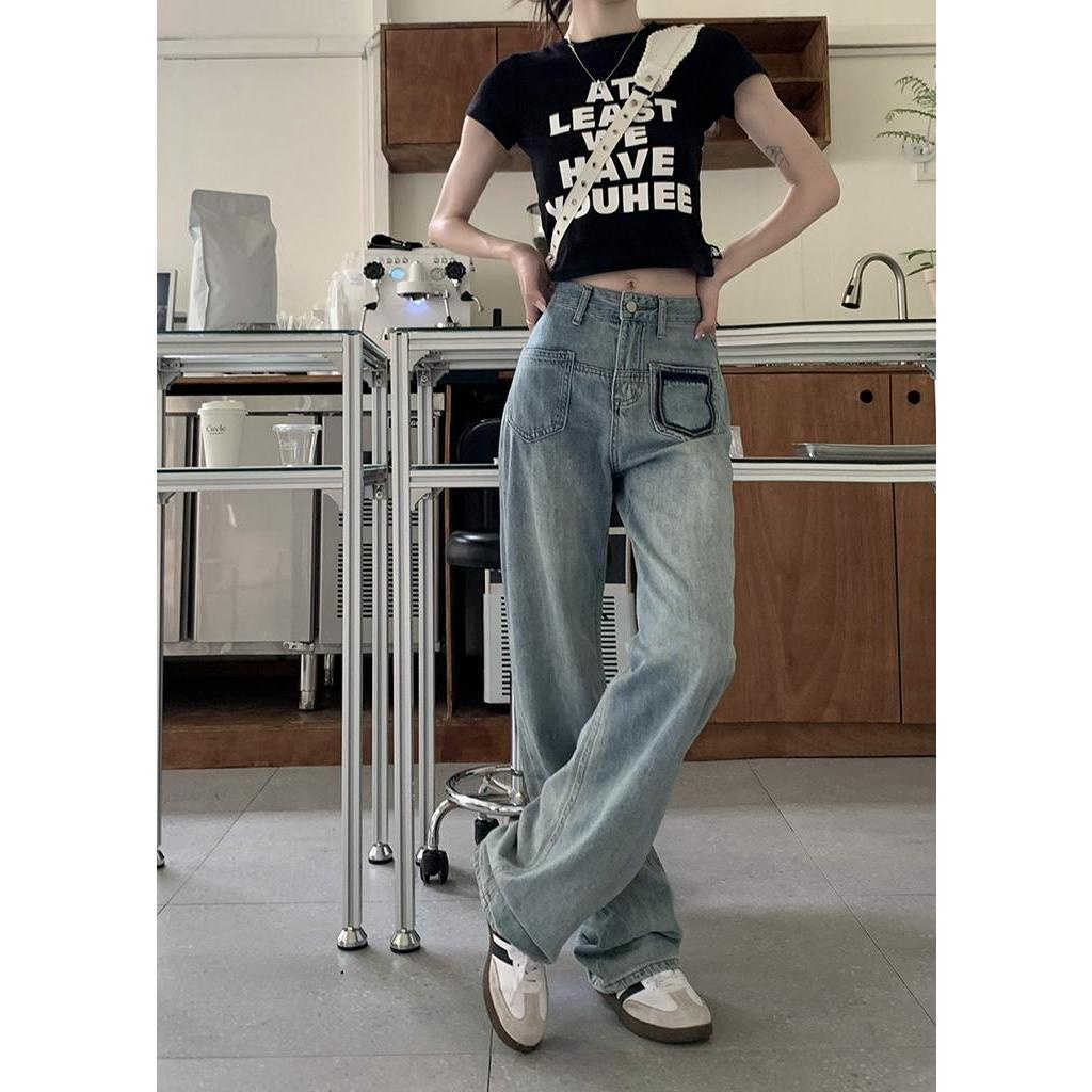 Quần Jean Ống Rộng Lưng Cao Có Túi Màu Sắc Tương Phản Phong Cách Thời Trang Mới 64186
