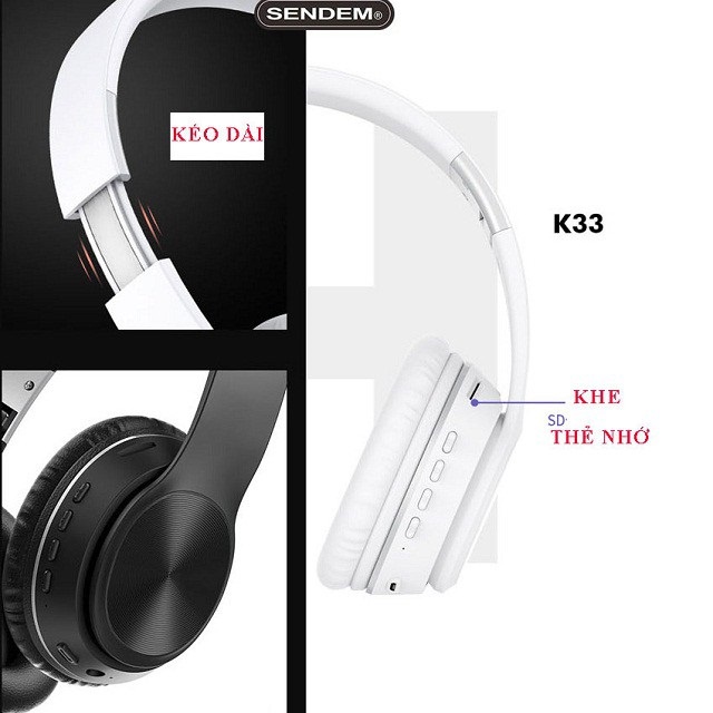 ⚡FREE SHIP⚡ Tai nghe Bluetooth Chụp Tai Sendem K33,Headphone Không Dây, Có Khe Cắm Thẻ Nhớ