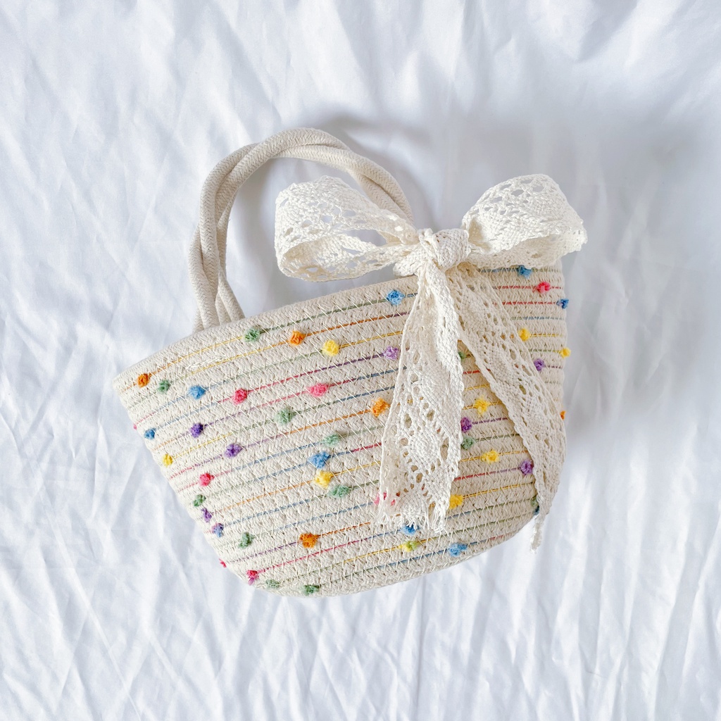 Túi xách dệt sợi mini có đính nơ ruy băng nhiều màu sắc phong cách Hàn Quốc mới thời trang dành cho nữ