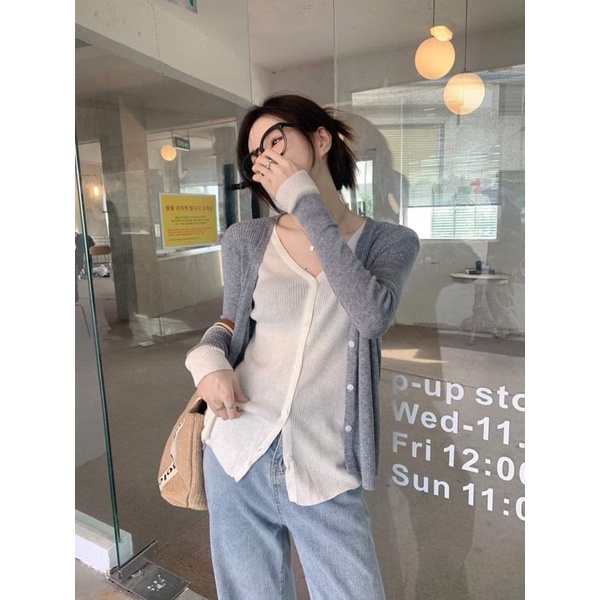 Áo cardigan dệt kim hai mảnh màu đen, xám, vàng, xanh nhạt