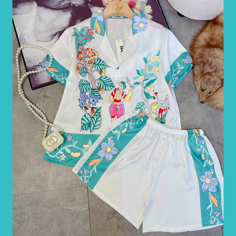 Đồ mặc nhà quần đùi lụa latin, Pijama thiết kế freesize dưới 60kg