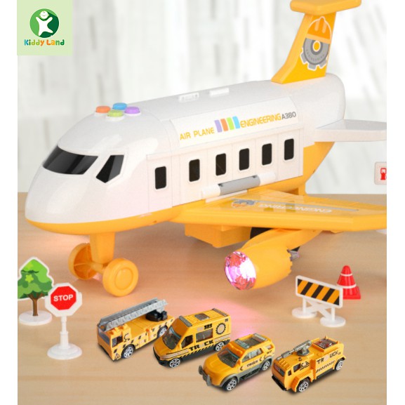 Máy bay đồ chơi có đèn nhạc chứa đường trượt ô tô