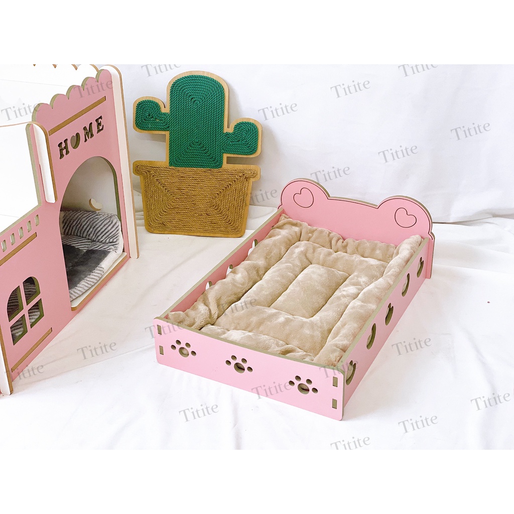 Giường thú cưng màu hồng gỗ cao cấp, xinh xắn
