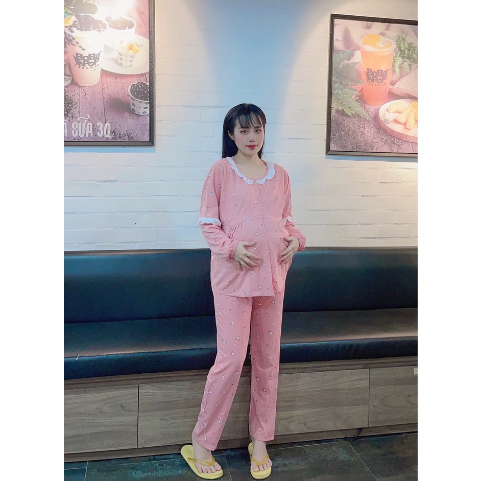 Bộ đồ bầu sau sinh SỌC HÌNH TIM, đồ bộ bầu mặc nhà, chất mát thoáng mịn, tiện cho bé ti