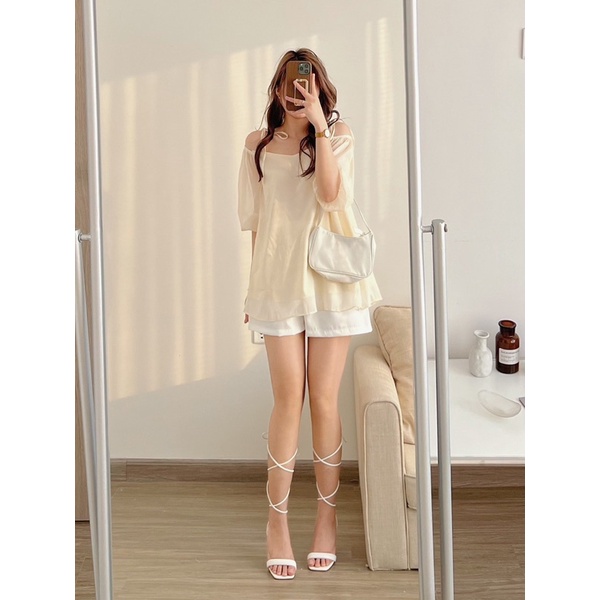 [Ảnh thật/Video]Áo trễ vai mã 999 thiết kế tay bồng buộc vai 3 màu  Áo trễ vai Hàn Quốc hai lớp đẹp nhẹ nhàng