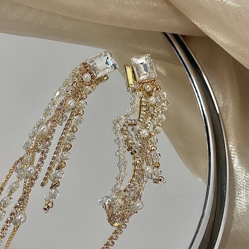 Bông Tai Mạ Bạc 925 Đính Đá Phối Tua Rua Thời Trang Hàn Quốc Sang Trọng Cho Nữ