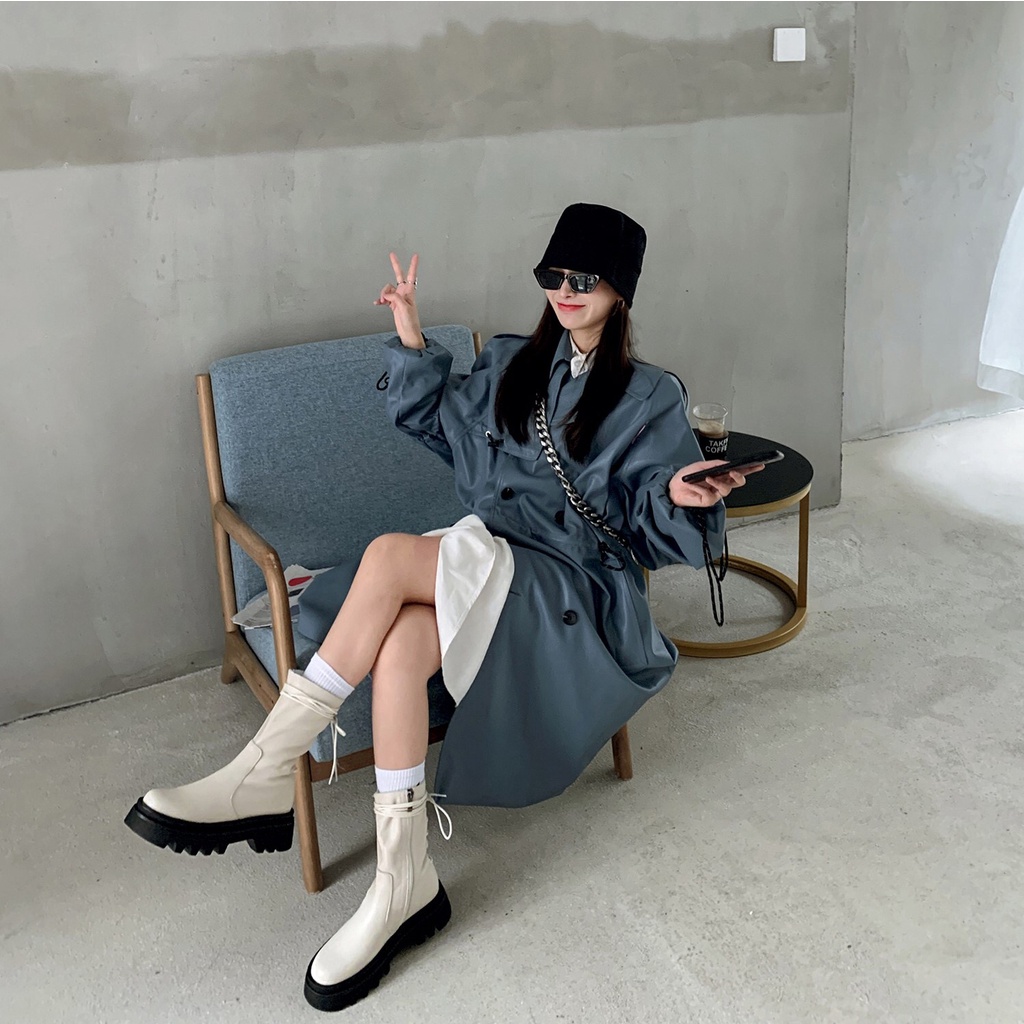 Giày Bốt Da Đế Dày Phối Dây Cột Cá Tính Thời Trang Hàng Mới Cho Nữ