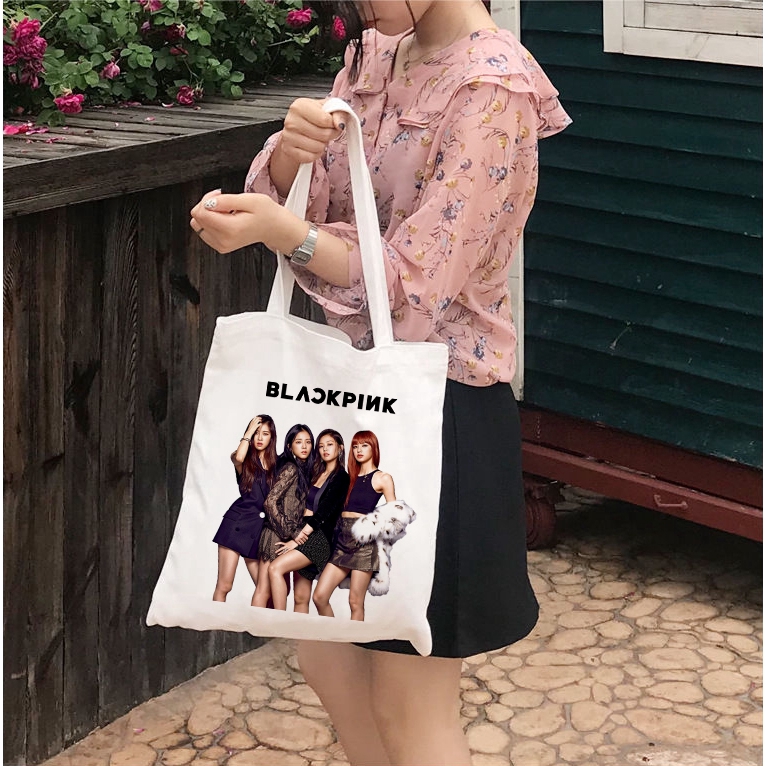 Túi tote đeo vai làm từ vải in họa tiết blackpink phong cách Hàn Quốc thời trang đơn giản