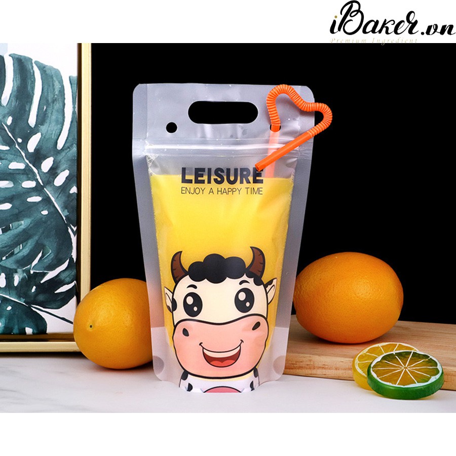 Túi đựng trà sữa kèm ống hút - Hình bò sữa (xấp 10 cái)