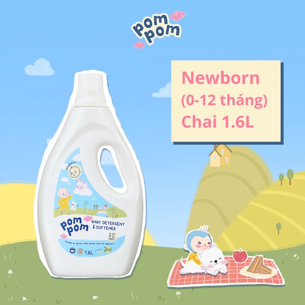 Chai Nước Giặt Xả 1.6L - PomPom Newborn Cho Bé 0-12 Tháng