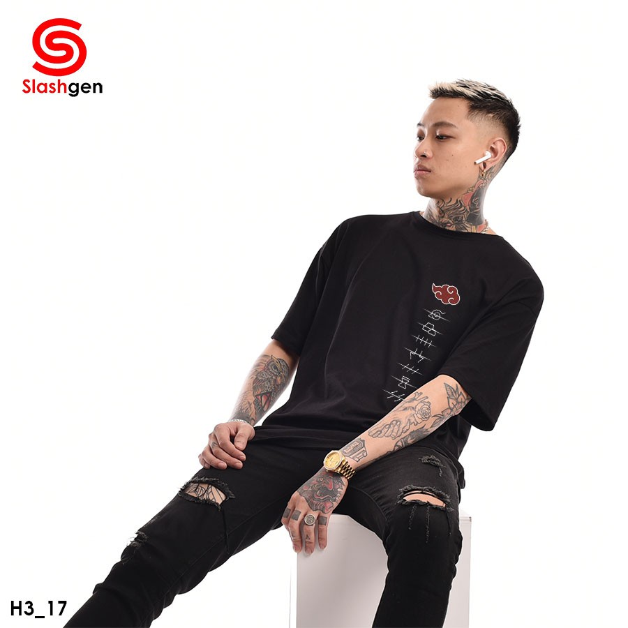 Áo thun nam tay lỡ H3_17 Mây Kí Tự Akatsuki Trước Ngực [40kg-110kg] 100% Cotton