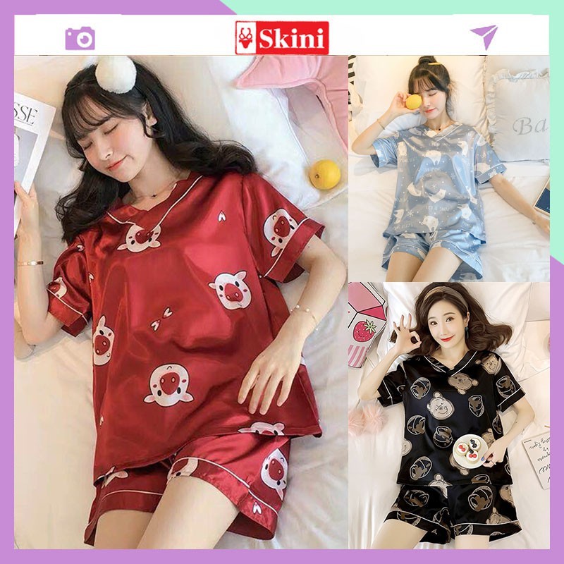 Đồ ngủ ❤️FREESHIP❤️Bộ Đồ Ngủ Lụa pijama cộc tay mặc nhà ulzzang in hình họa tiết dễ thương