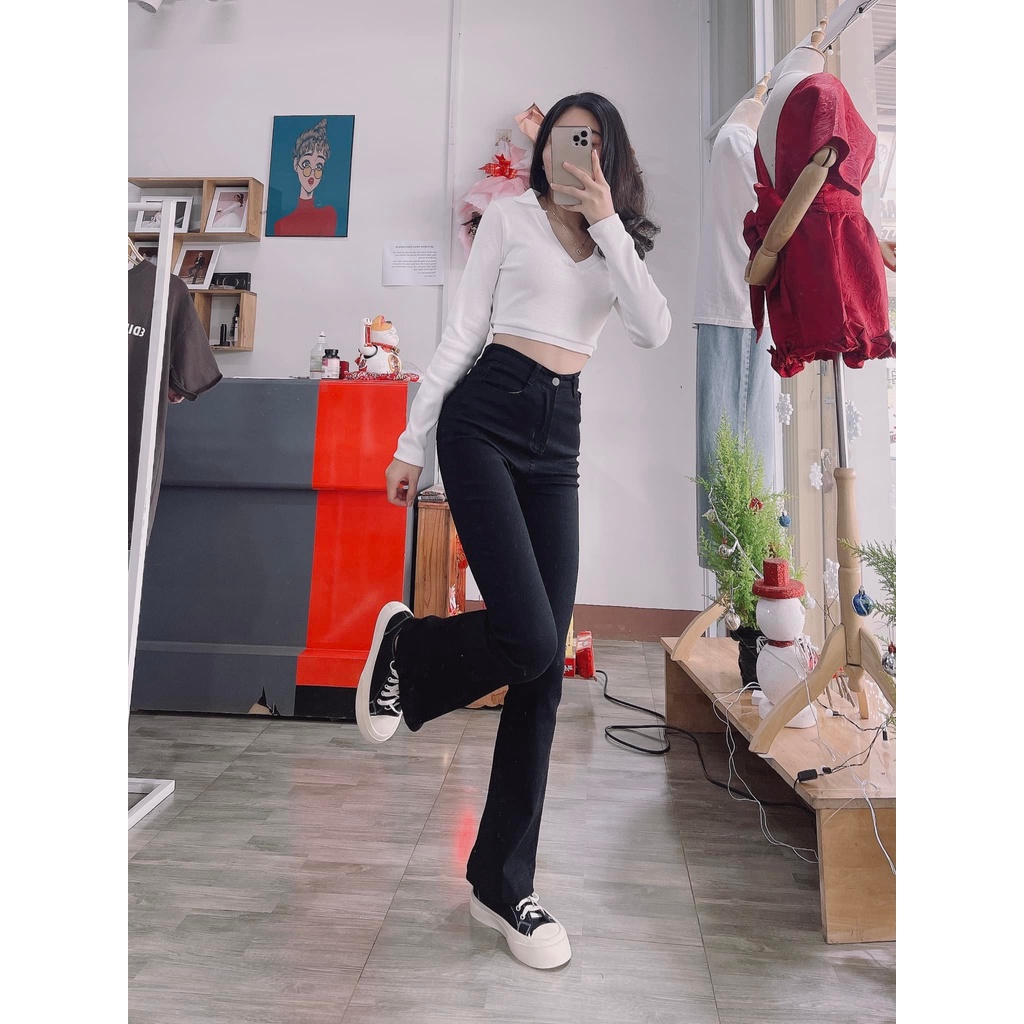 Quần jean nữ ống loe màu đen dáng dài cạp cao chất co dãn siêu tôn dáng MT06 | BigBuy360 - bigbuy360.vn