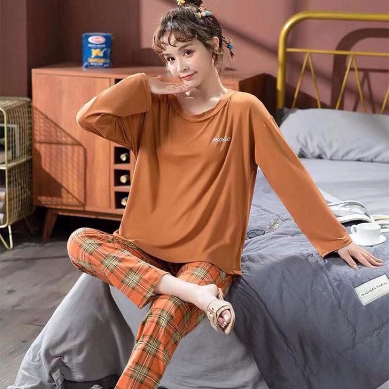 Bộ thu đông nữ cotton Motie quần kẻ  đồ bộ mặc nhà nữ co giãn | BigBuy360 - bigbuy360.vn