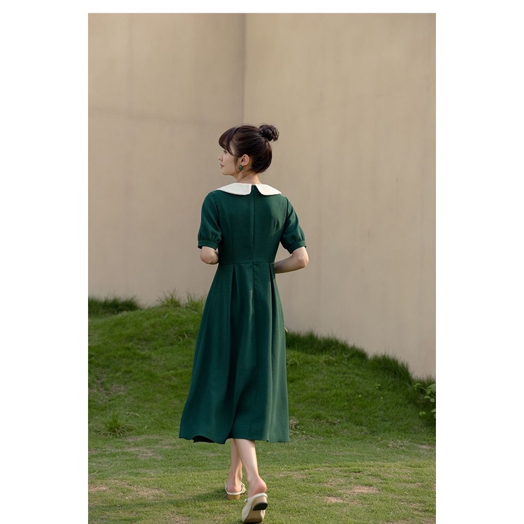 Đầm midi ngắn tay màu sắc retro xinh xắn cho nữ