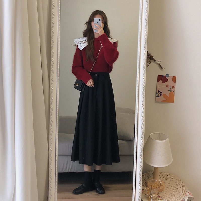 Set Áo Len Phối Ren Mix Chân Váy Chữ A Xòe Nhẹ Phong Cách Retro Mùa Thu Đông
