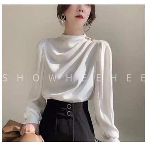 Áo Sơ Mi Nữ Gloria Shop chất lụa satin, áo đính cúc vai tay dài kiểu thời trang sếp ly vai sang trọng