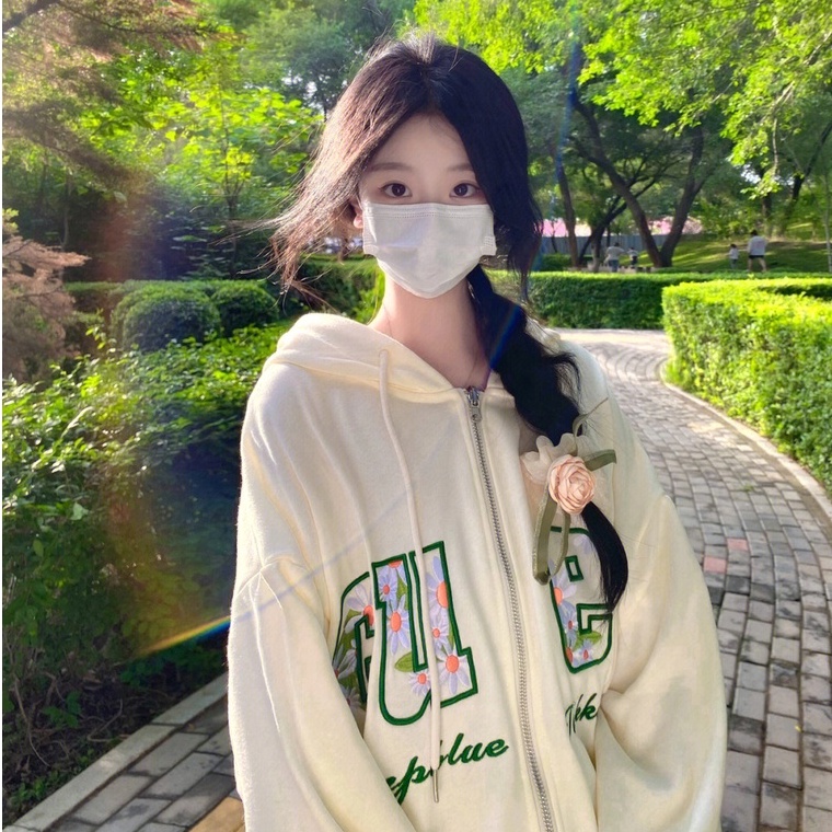 ZHELIHANGFEI Áo Hoodie Tay Dài Dáng Rộng Thêu Họa Tiết Phong Cách Nhật Bản