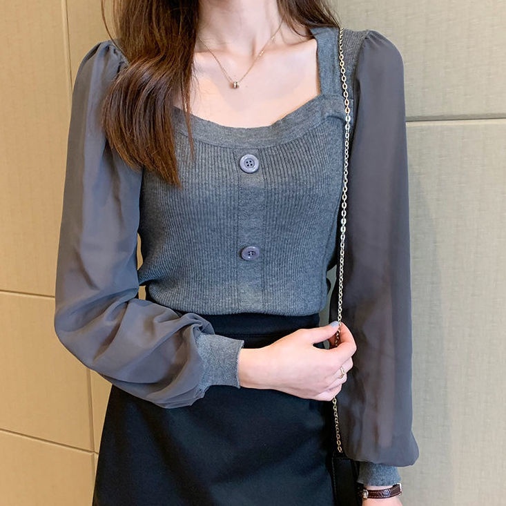 Áo Dệt Kim Nữ Tay Dài Phồng Cổ Vuông Thời Trang