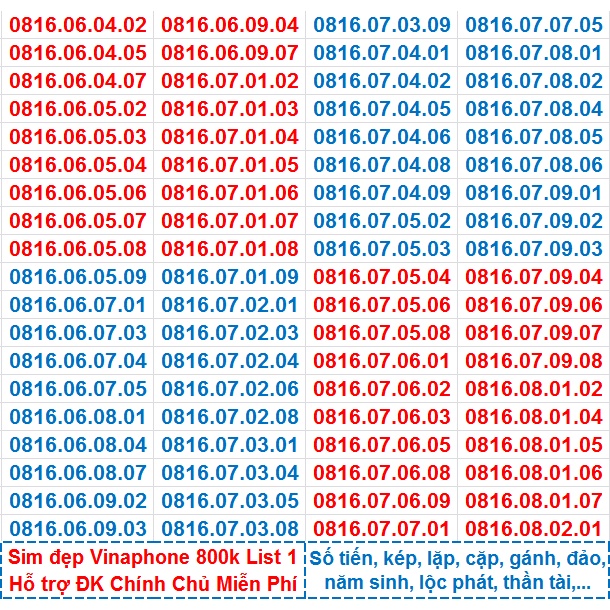 Sim Đẹp VINA GIÁ 800k LIST 1 HỖ TRỢ ĐĂNG KÝ CHÍNH CHỦ MIỄN PHÍ ĐƯỢC HƯỞNG NHIỀU GÓI KHUYÊN MÃI CỦA MẠNG VINAPHONE