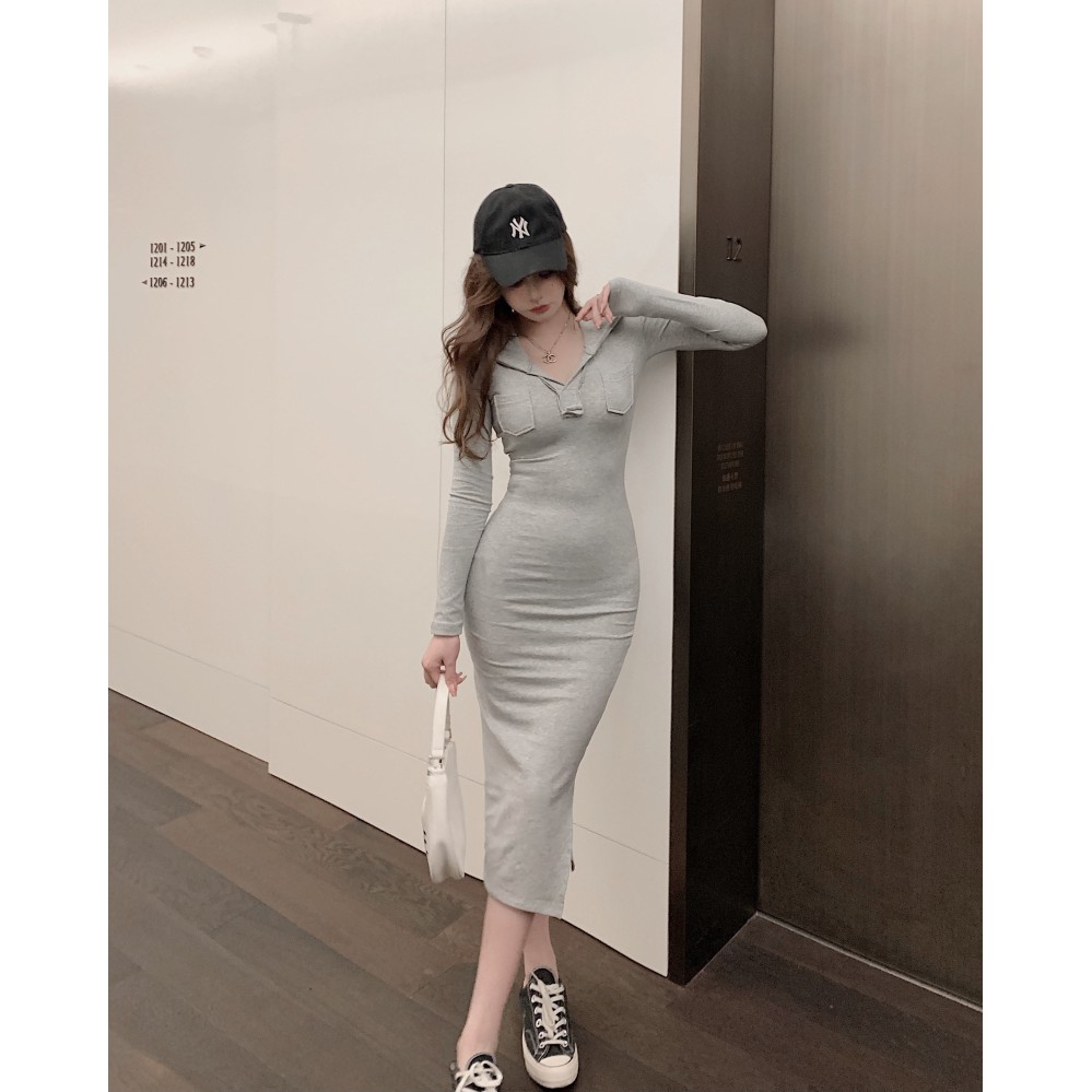 Váy body nữ dài tay có mũ trùm đầu thiết kế ôm sát phong cách gợi cảm khí chất hàng Quảng Châu thu đông