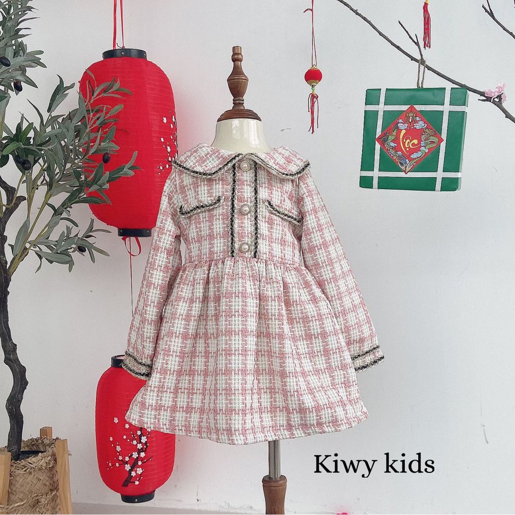 Váy dạ Tweed dáng xòe điệu đà KIWY KIDS68 lót lông mềm mịn cho bé gái từ 1 đến 7 tuổi