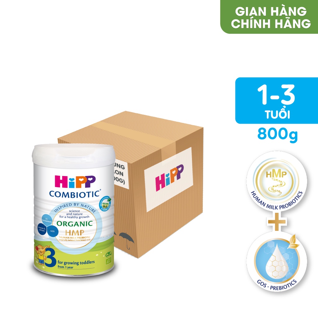 Thùng 4 lon Sữa bột công thức HiPP 3 Organic Combiotic 800g hỗ trợ tiêu hóa và tăng chiều cao (4 lon x 800g)