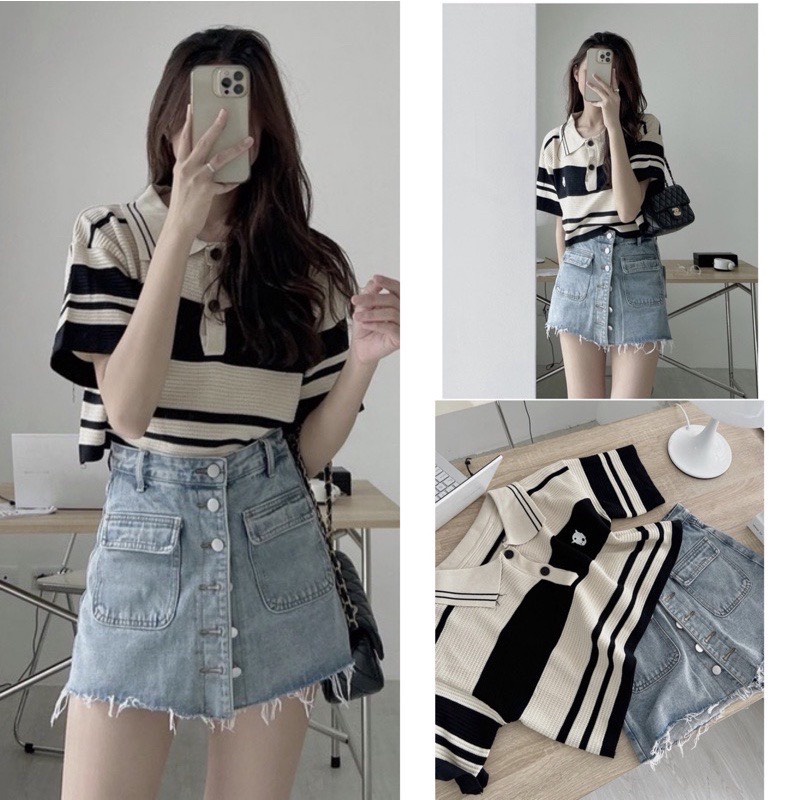 Áo Croptop form vừa kẻ sọc ngang con bò cổ đứng QUẢNG CHÂU