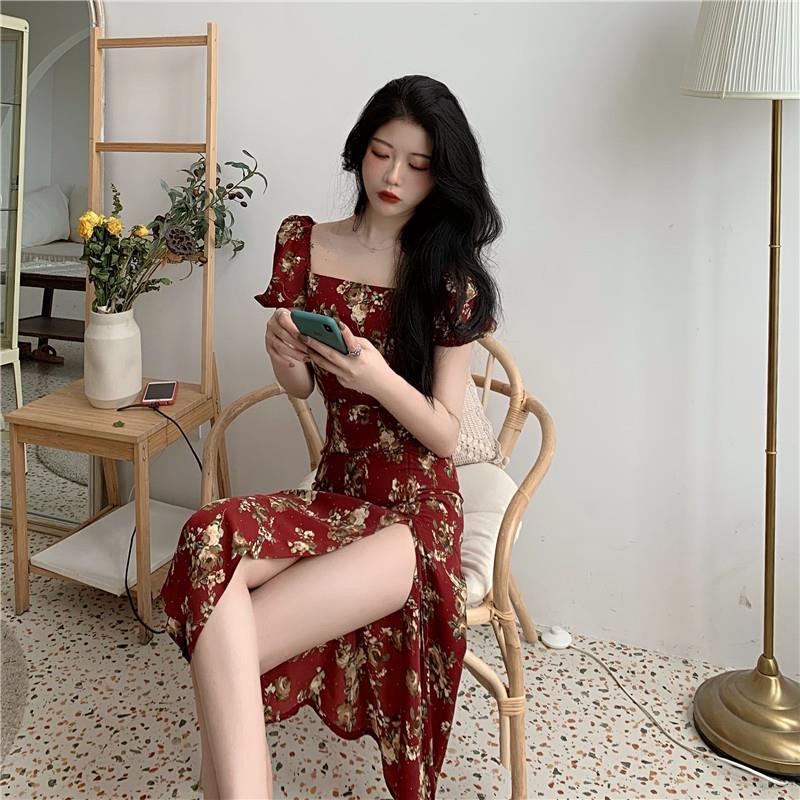 High Quality Floral Print Dress Sweet Square Neck Puff Sleeve Side Spilt Drawstring Maxi Dresses for Women Party Chic Casual Outfits