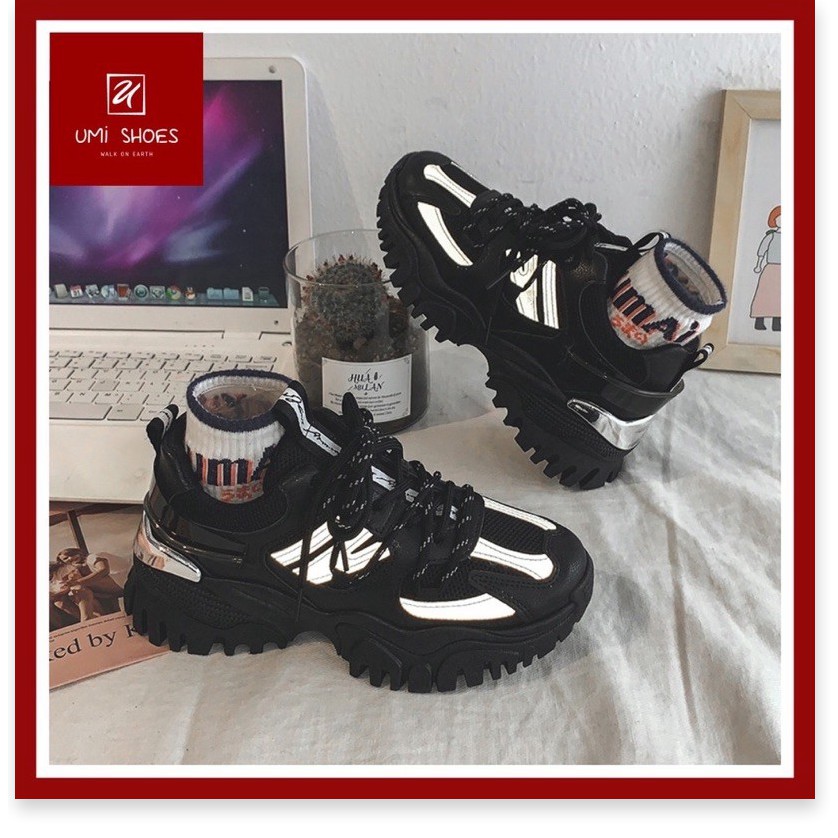 ❄️ Giày thể thao nữ Ulzzang gót bạc phản quang chữ vải nâng độn đế cao 5cm răng cưa cá tính năng động màu trắng/đen