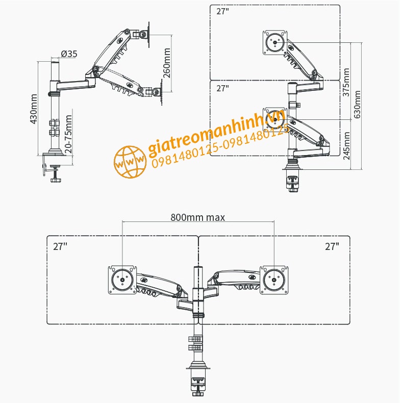 Giá Treo Màn Hình NB-H160 - Xếp 2 Màn 17-27 Inch Trên Dưới - Tải Trọng 9Kg