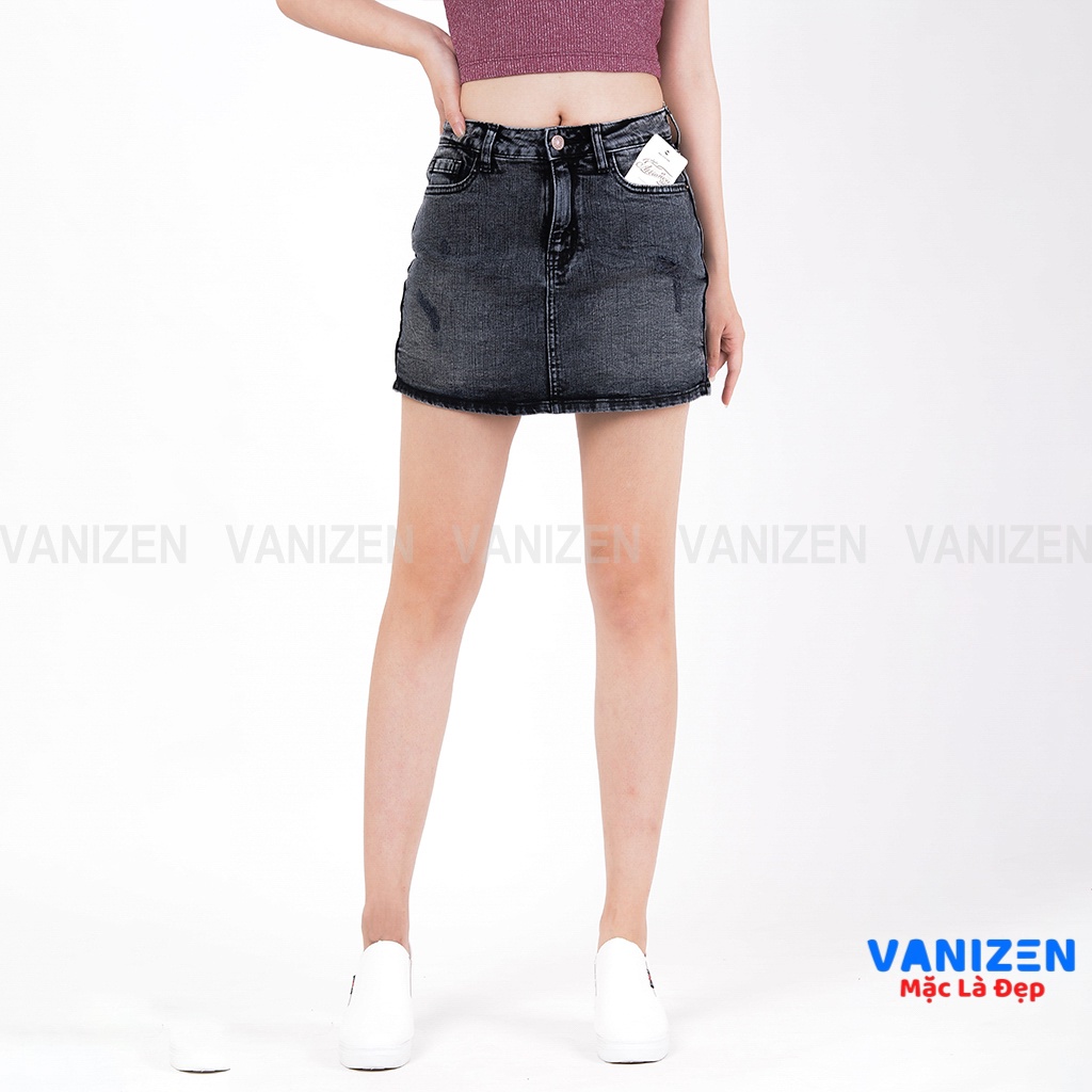 Chân váy jean nữ có quần bên trong đẹp lưng cao cạp cao rách xám khói hàng hiệu cao cấp mã 414 VANIZEN