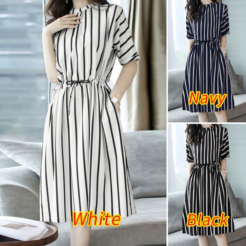 Đầm midi nữ Zanzea tay ngắn họa tiết kẻ sọc đơn giản thời trang