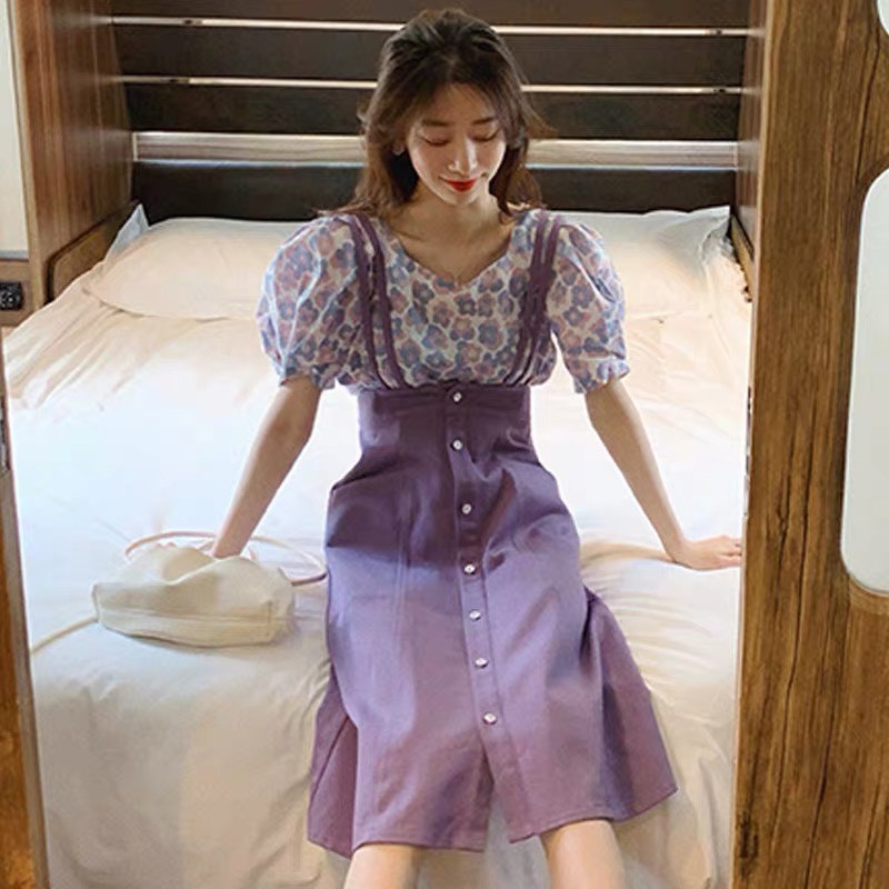 (ORDER) Set váy yếm hai dây xòe cài dọc khuy+ Áo sơ mi hoa tím style ngọt ngào mùa hè Hàn Quốc