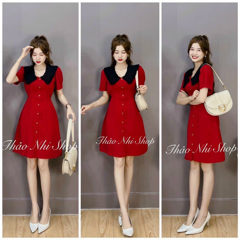 Đầm nữ chữ A hàng nút thiết kế cổ bèo cột nơ thời trang nữ trẻ trung năng động