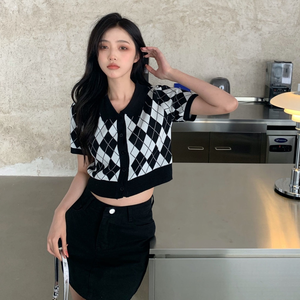 Áo Thun polo Ngắn Tay Cổ polo Họa Tiết Hình Thoi Phong Cách Retro Mỹ Thời Trang Mùa Hè Cho Nữ  tao bao