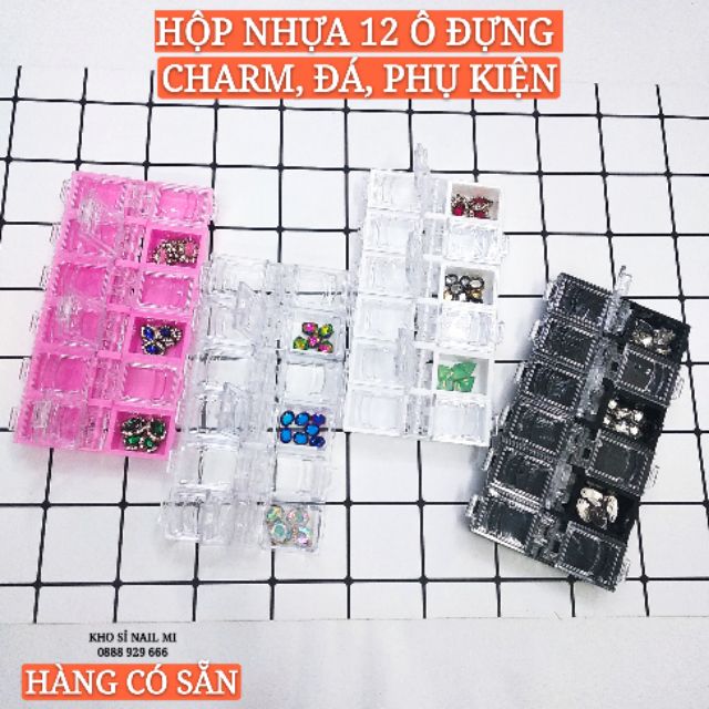 Hộp nhựa 12 ô đựng đá, charm, phụ kiện trang trí nail (4 màu)