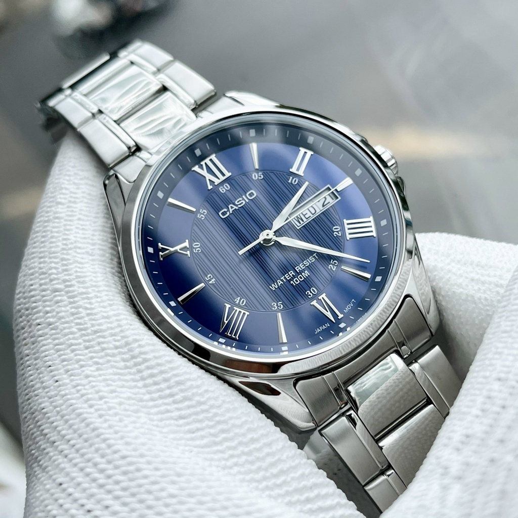 Đồng hồ Nam Casio MTP-1384D-2AV, đồng hồ chính hãng, dây bạc mặt xanh