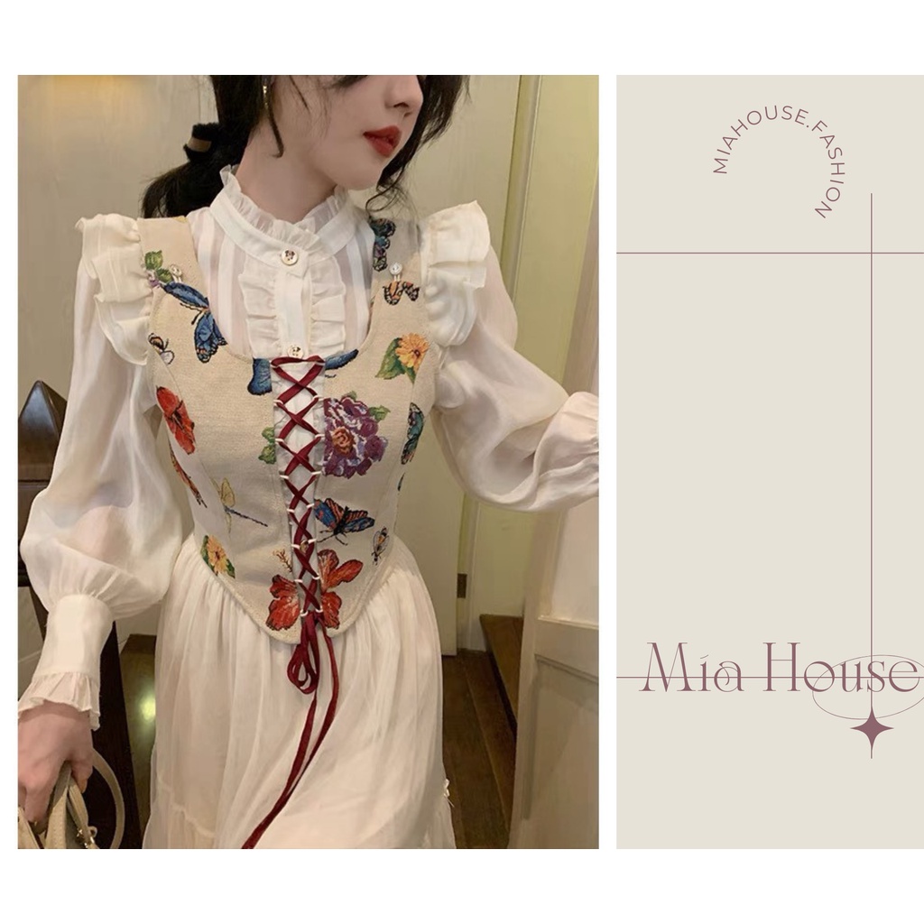 Set váy tiểu thư vintage nữ Miahouse dáng dài kết hợp Áo sơ mi trắng Cổ Đứng Phối Áo Gile Dệt Hoạ Tiết Mùa Thu