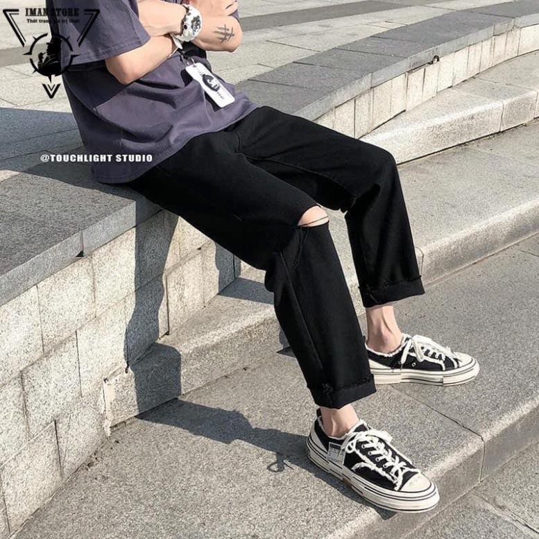 Quần jean, jeans,quần bò đen, baggy, nam,nữ, rách Gấu + Rách 1 gối IMAN RĐ-01 hottrend 2023