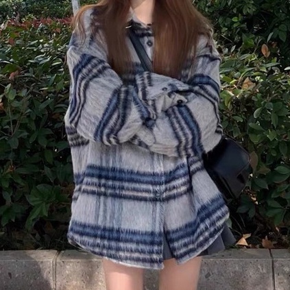 Áo Dạ Tweed Cổ Bẻ Form Rộng Siêu Sang Chảnh, Áo Sơ Mi Dạ Kẻ Xanh