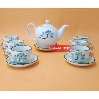 Bộ ấm chén cao cấp Bát Tràng - men kem vẽ sen xanh