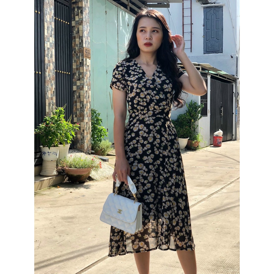 Đầm xòe form dài voan hoa, cổ đắp chéo, tay búp sen, có túi S&amp;M GR198 - Hình thật do shop chụp