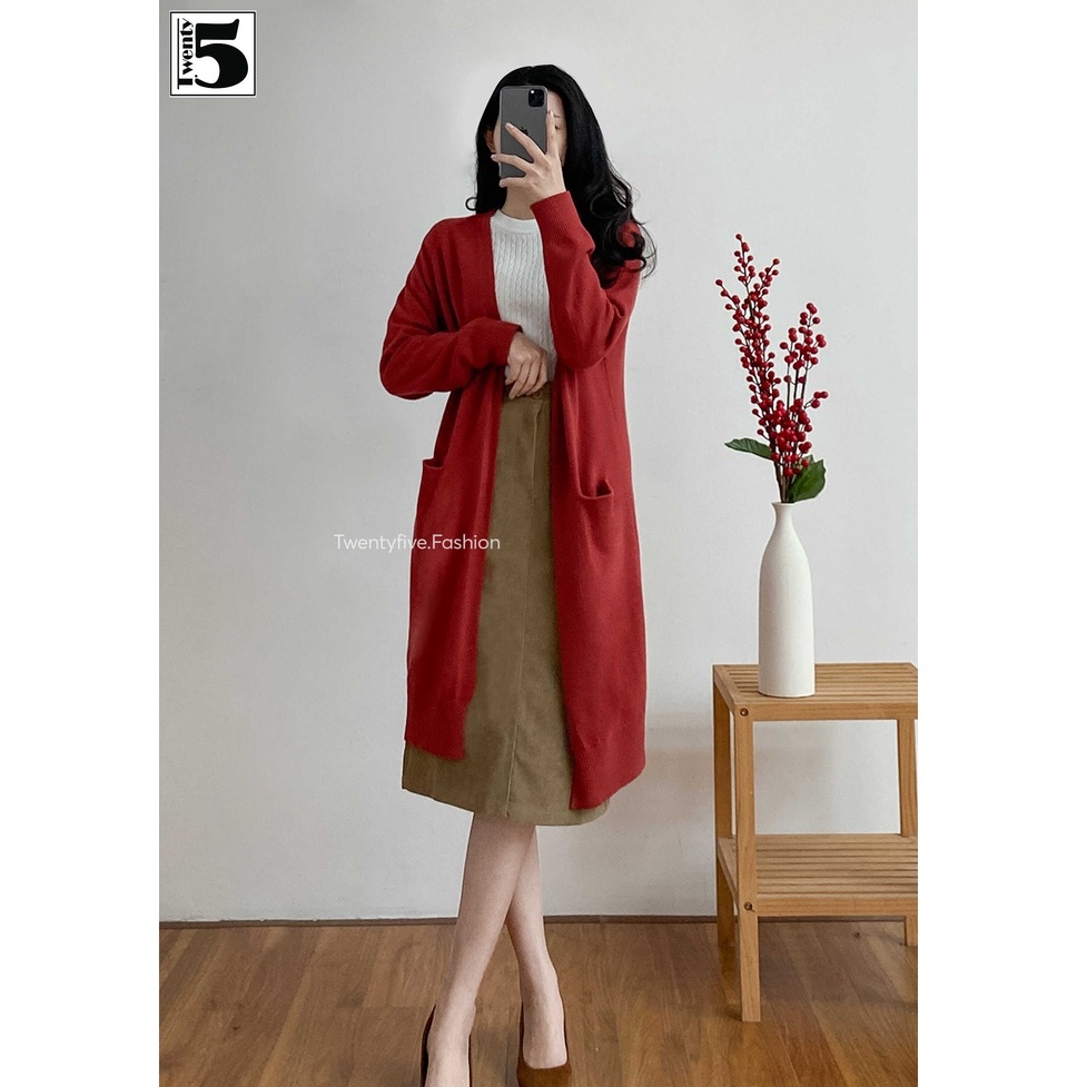 Áo len cardigan nữ dáng dài túi ốp không cúc Twentyfive 4002