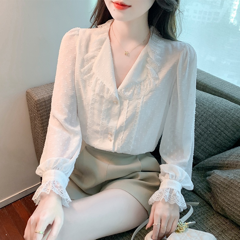 Áo Sơ Mi Chiffon Tay Dài Cổ Peter pan Phối Ren Thời Trang Xuân Thu Cho Nữ
